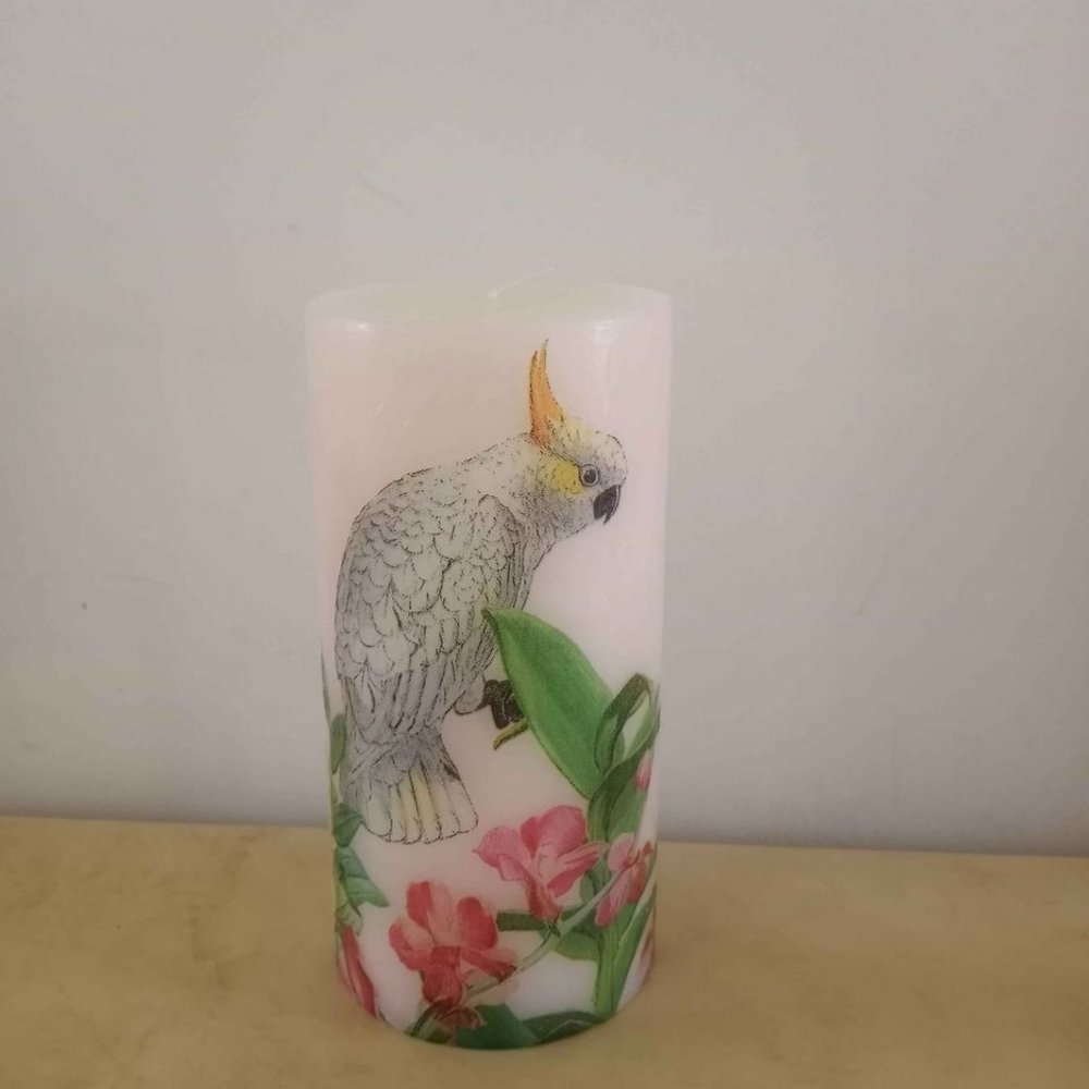 Tall Pillar Candle Cockatoo Floral Decoupage Unscented